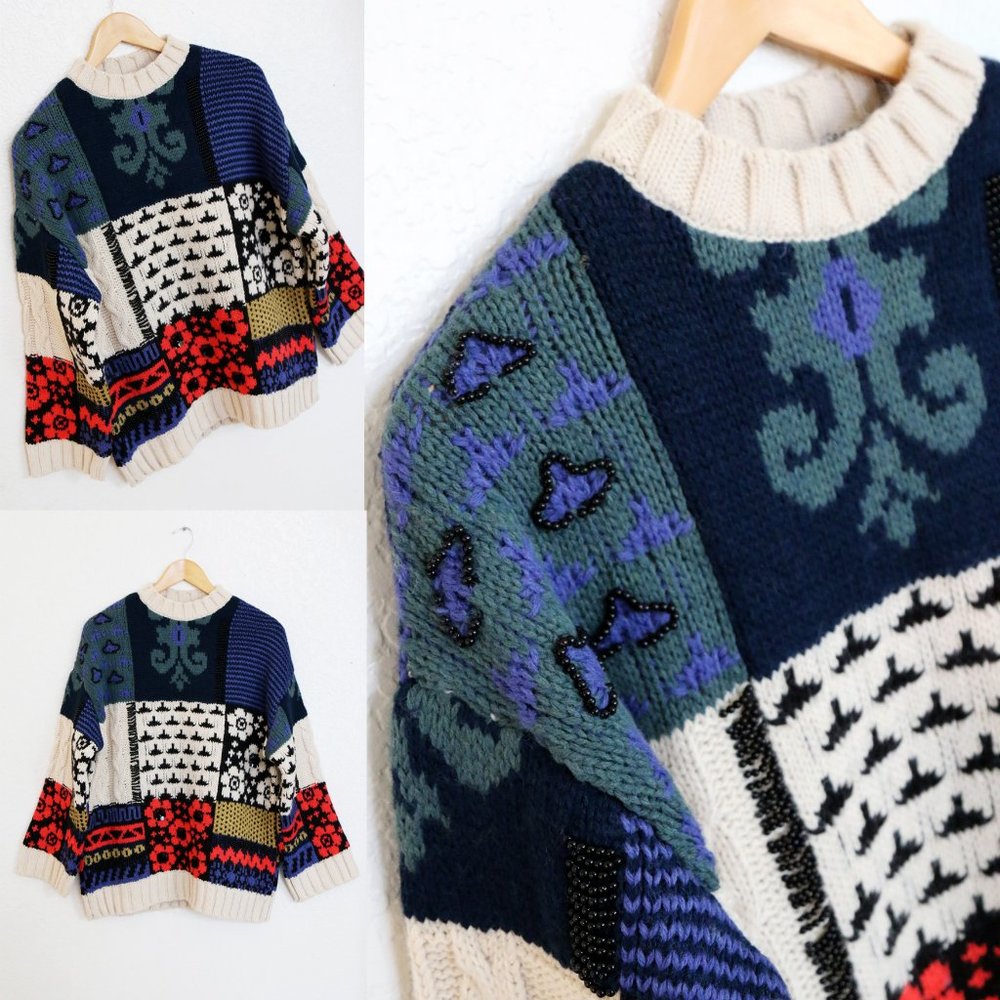 NEW Zara Patchwork Wool Blend Beaded Applique Oversize Limited Edition Sweater M - Picture 15 of 16